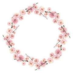 Wreath with spring flowering trees peach on a white background. Drawing in crayons.