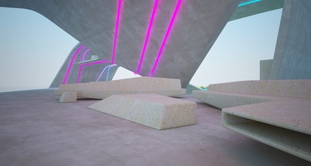 Abstract architectural concrete interior of a minimalist house with colored neon lighting. 3D illustration and rendering.