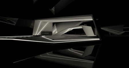 Abstract architectural black and white interior of a modern villa with neon lighting. 3D illustration and rendering.