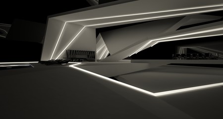 Abstract architectural black and white interior of a modern villa with neon lighting. 3D illustration and rendering.