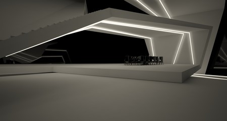 Abstract architectural black and white interior of a modern villa with neon lighting. 3D illustration and rendering.