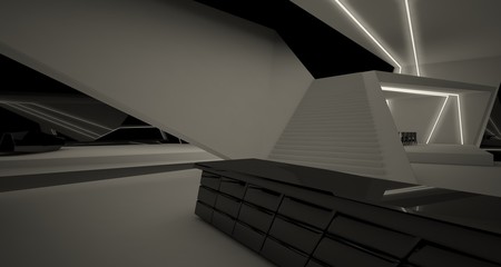 Obraz premium Abstract architectural black and white interior of a modern villa with neon lighting. 3D illustration and rendering.