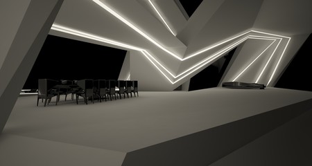 Abstract architectural black and white interior of a modern villa with neon lighting. 3D illustration and rendering.