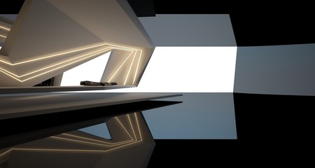 Obraz premium Abstract architectural black and white interior of a modern villa with neon lighting. 3D illustration and rendering.