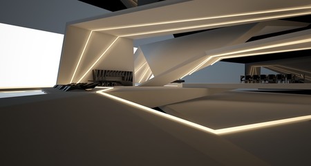 Abstract architectural black and white interior of a modern villa with neon lighting. 3D illustration and rendering.