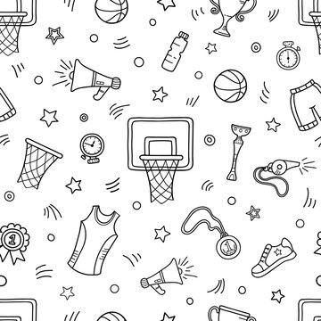Seamless pattern of basketball objects and symbols. Basketball themed doodle.
