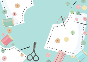 Top view of Work space on the desk with Studs , thread tubes, scissors, ruler and sewing pattern on pastel color Background.Handcraft and pastel color concept. Flat layout design.