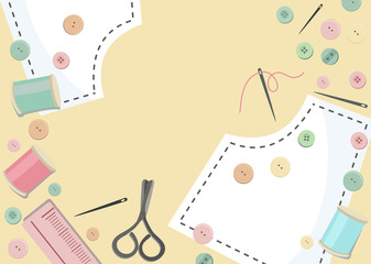 Top view of Work space on the desk with Studs , thread tubes, scissors, ruler and sewing pattern on pastel color Background.Handcraft and pastel color concept. Flat layout design.