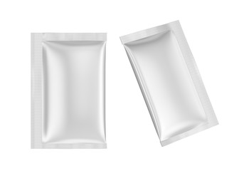 Blank white foil sachet food packaging mockup, Isolated on white background. 3D rendering