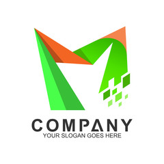modern M logo design with pixel shape