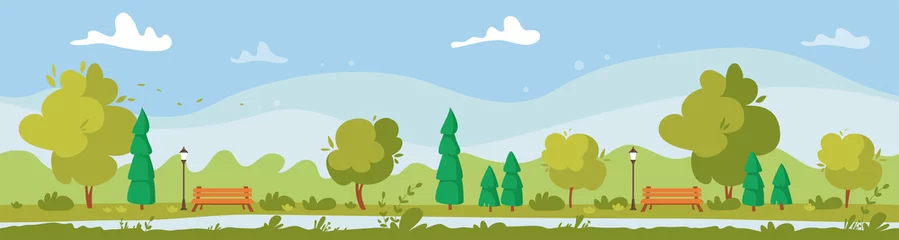 Fotobehang Blauwe hemel Summer city Park with trees, street lights and benches. Cartoon seamless panoramic landscape vector  © Irina
