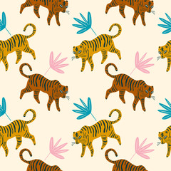 Fototapeta na wymiar Vector cute childish animals, baby illustration, bengal tiger background, cartoon style art, stripes fashionable seamless pattern