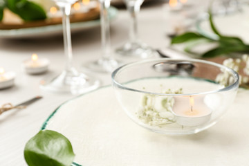 Elegant table setting with green plants, closeup