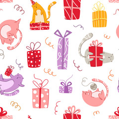 Cats birthday party seamless pattern - funny kitten in festive hat, gift boxes and presents, serpantine - vector texture with flat characters on white background for textile, wrapping
