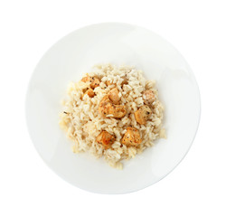 Delicious risotto with chicken isolated on white, top view