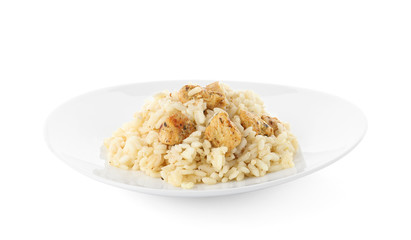 Delicious risotto with chicken isolated on white