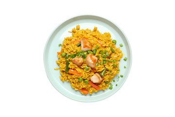 Delicious rice pilaf with chicken and vegetables isolated on white, top view