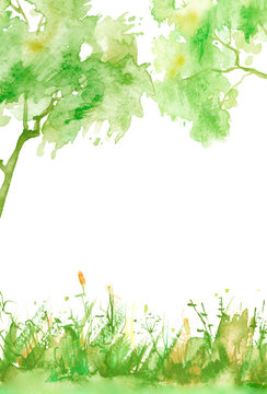 Watercolor tree of green color. Autumn countryside landscape. Bush, tree, aspen, linden, oak, poplar, wild grass, forest plant. Handmade drawing. Spring garden. Cherry tree, apple tree. Modern art