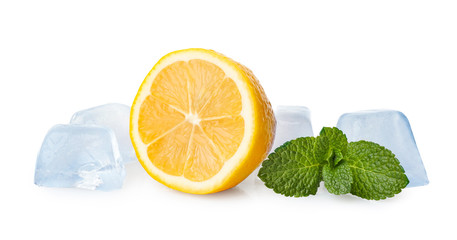 Ice cubes, mint and lemon on white background