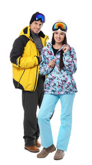 Couple wearing stylish winter sport clothes on white background