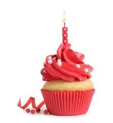 Delicious birthday cupcake with candle isolated on white