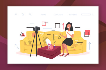 beauty blogger applying lipstick woman showing trend makeup tutorial recording online video with camera on tripod blogging concept horizontal copy space full length vector illustration