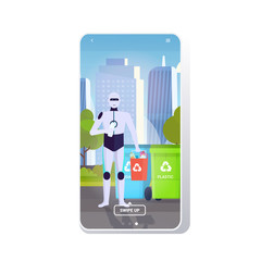 robotic character holding plastic rubbish container near colorful trash cans artificial intelligence segregate waste recycle concept cityscape background mobile app copy space full length vector