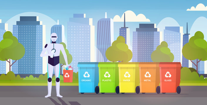 robotic character holding plastic rubbish container near colorful trash cans artificial intelligence segregate waste recycle concept cityscape background horizontal full length vector illustration