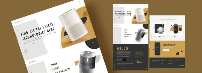 Web Template Design with Realistic Electronic Products and Details for Advertising Concept. - obrazy, fototapety, plakaty