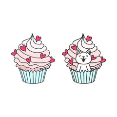 Cupcake and kitten. Cute illustration of a creamy cupcake decorated with hearts and a little white kitten sitting in a cupcake. Objects isolated on white. Vector 8 EPS.
