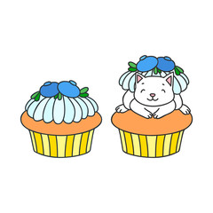 Cupcake and kitten. Cute illustration of a blueberry cupcake and a little white kitten sitting on a cupcake. Objects isolated on white. Vector 8 EPS.