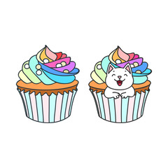 Cupcake and kitten. Cute illustration of a rainbow cupcake and a little white kitten sitting in a cupcake. Objects isolated on white. Vector 8 EPS.