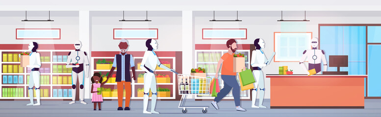 robots and people standing line queue to robotic cashier artificial intelligence technology concept modern supermarket grocery shop interior full length horizontal vector illustration