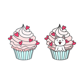 Cupcake and kitten. Cute illustration of a creamy cupcake decorated with hearts and a little white kitten sitting in a cupcake. Objects isolated on white. Vector 8 EPS.