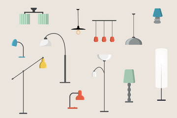 A set of lighting devices, various pendant lamps, floor lamps, table lamps. Vector illustration in a flat style.