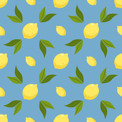 Yellow lemons on blue background. Vector seamless pattern