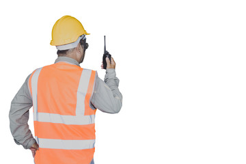 Worker wearing reflective jacket with walkies- talkie in hand isolated on white background with clipping paths copy space.