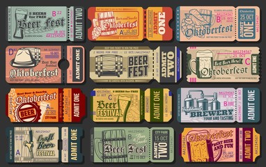 Oktoberfest ticket vector templates of beer festival entrance pass design. Craft alcohol drink glasses, bottles and barrels with taps, ale mugs and lager tankards with brewery tanks retro cards - obrazy, fototapety, plakaty