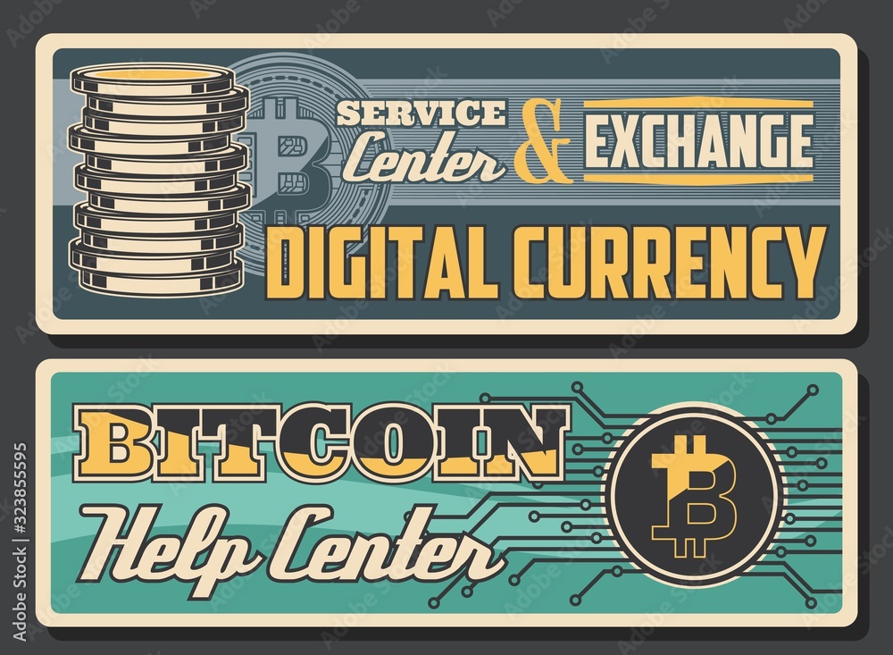 Poster Digital currency vector banners of bitcoin exchange and service center design. Stack of bit coins and crypto currency, blockchain and digital money wallet technology