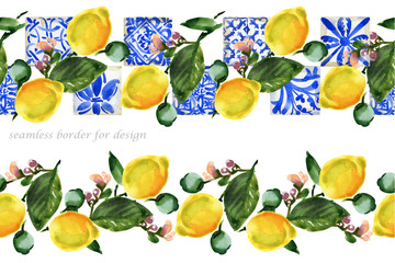 Seamless pattern with lemons. citrus  illustration. blue ceramic tile background
