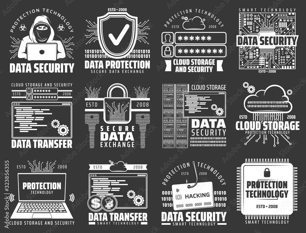 Fototapete Data protection, internet security and secure data exchange vector icons of internet technology design. Computer, laptop and lock, cloud storage, shield and key, database firewall, hacker and padlock