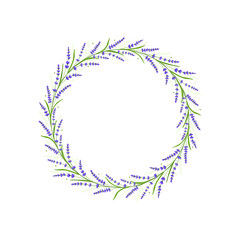 Lavender frame. Floral frame background decoration for wedding and invitation card. Flower and leaf design circle template. Green organic decor. Vector graphic background illustration
