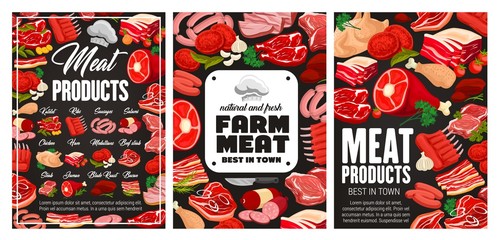 Meat and sausages food products vector design. Beef steaks, pork ham and salami, bacon, chicken and turkey, barbecue burgers, ribs and chops on blackboard with green salad leaves and spice herbs