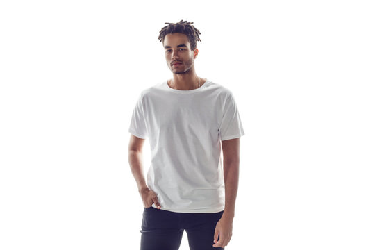 African american man wearing white blank t-shirt. Mock-up.