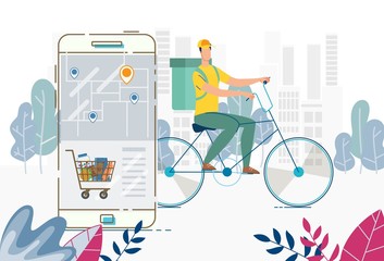 Order and Delivery Anywhere Service. Food Basket via Mobile Application. Deliveryman with Groceries Parcel Package behind Back Riding Bicycle. Online Service for Tracking Shipping Process