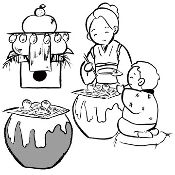 japanese family preparing mochi, black and white clip art preview
