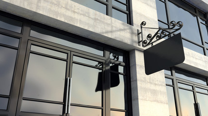 An ornate sign mounted outside a generic unbranded shop facade on the high street in the daytime - 3D render