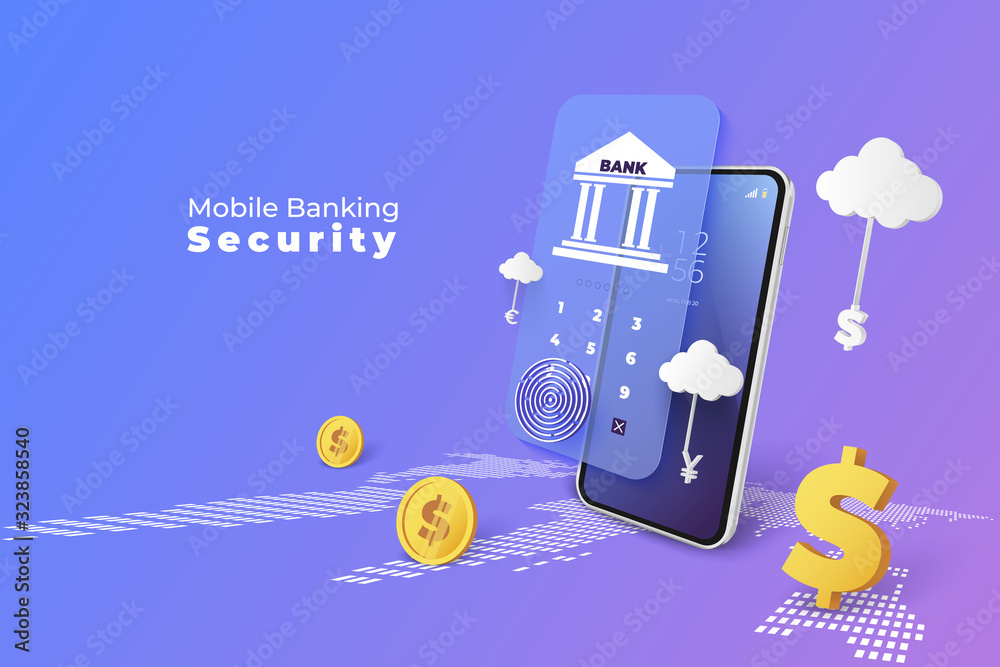 Poster Business finance bank service with mobile application and coin on world map. Fingerprint on login screen with security concept. vector 3d illustration.