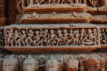Closeup shot of the carvings of the Sun Temple in Modhera, Gujarat, India