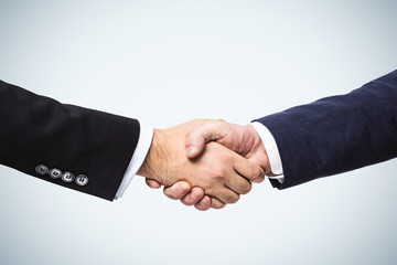 Two businessmen shake hands on a white wall background, deal concept, close up